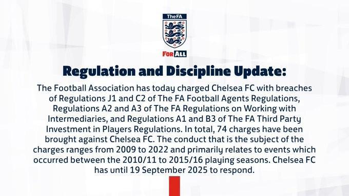 竞技宝-官方：英足总对切尔西提起74项指控，涉及后者09-22年间行为